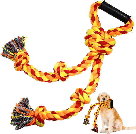 Blue and yellow dog rope toy with non-slip handle, measuring 18cm by 62cm for aggressive chewers
