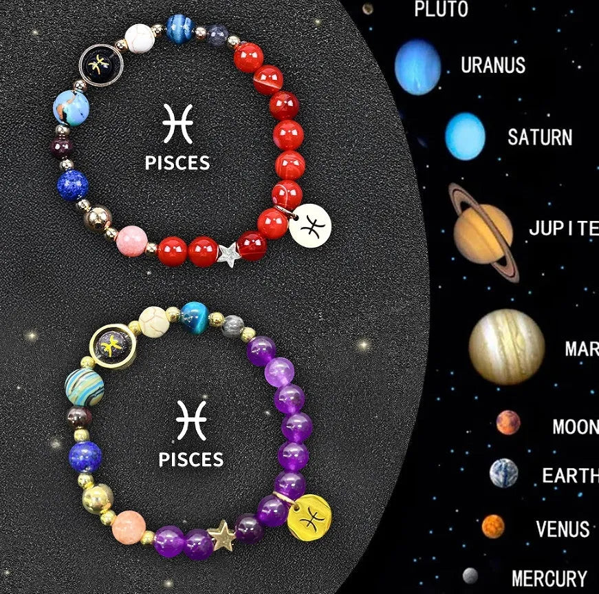 Adjustable natural stone zodiac bracelets showing 12 sign styles with 18-20cm cord