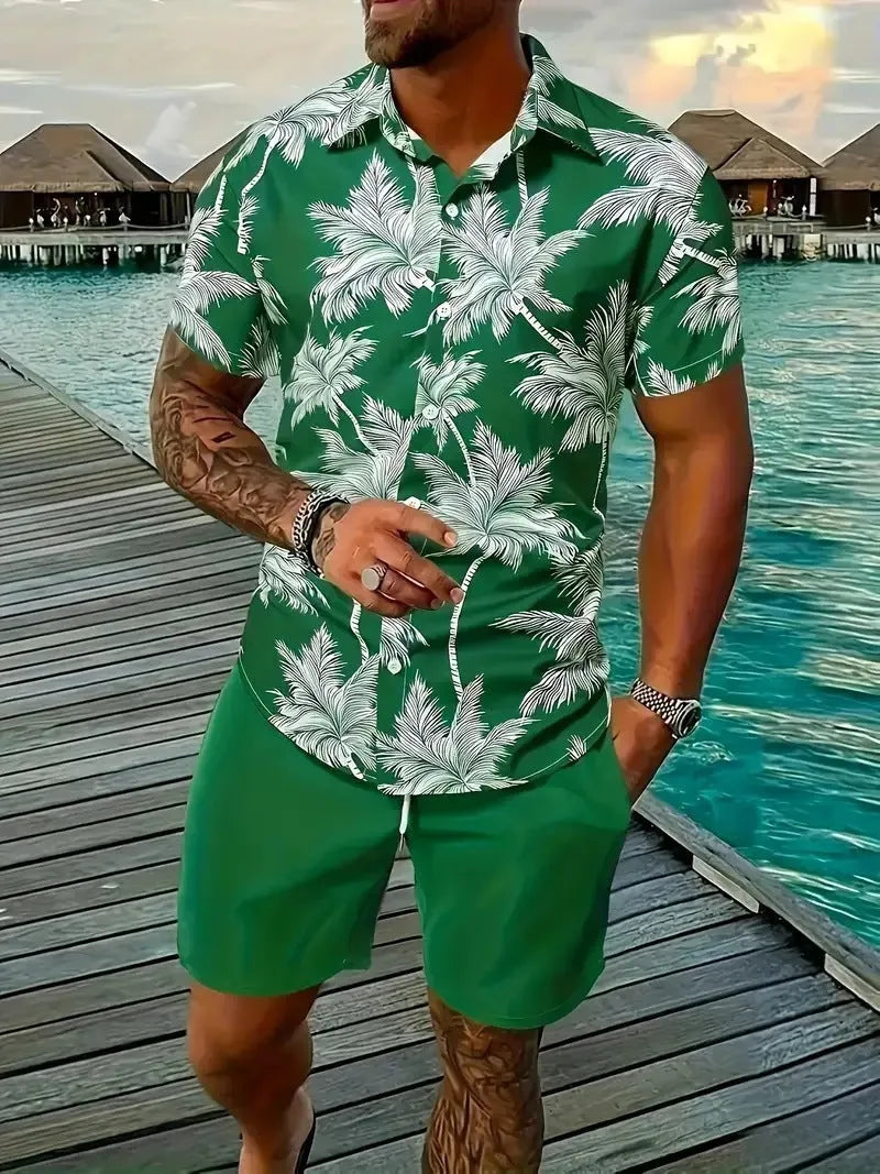 Men's Hawaii 3D printed short sleeve suit with textured patterns on polyester fabric
