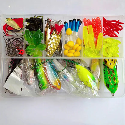 Lure Suit 142-piece fishing tackle set showing hard mino lures, sequins, and metal components arranged for display