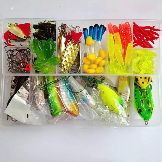 Lure Suit 142-piece fishing tackle set showing hard mino lures, sequins, and metal components arranged for display