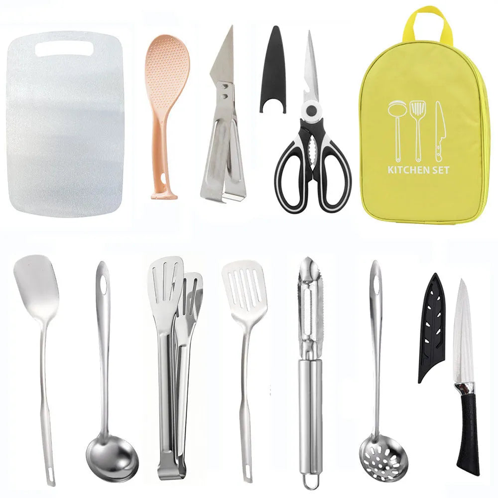 12-piece stainless steel picnic kitchenware set in a storage bag, colour options khaki green brown