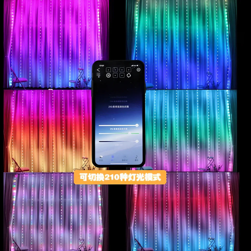 Programmable LED curtain light with Bluetooth app control showing 400 individual lights in curtain formation