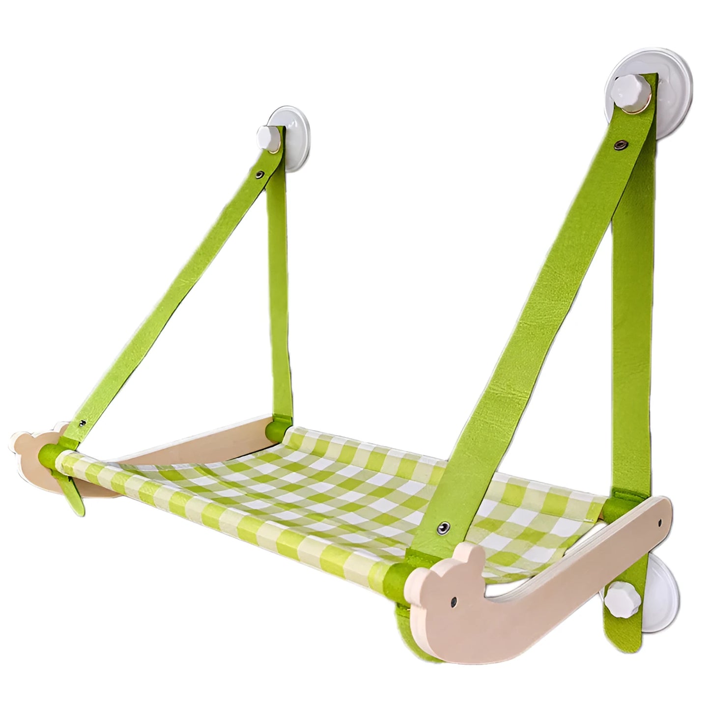 Pink cat hammock with wooden frame and suction cups attached to a window, with a cat resting inside.