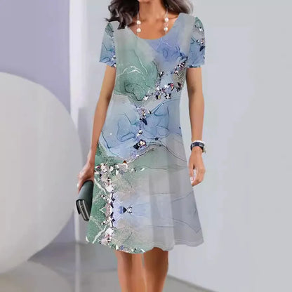 Women's mid-length dress with painted plant and flower patterns on ice silk fabric, A-line skirt, short sleeves, round neck