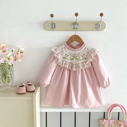 Pink cotton girls dress with lace stand collar and flower embroidery, long sleeves, princess silhouette