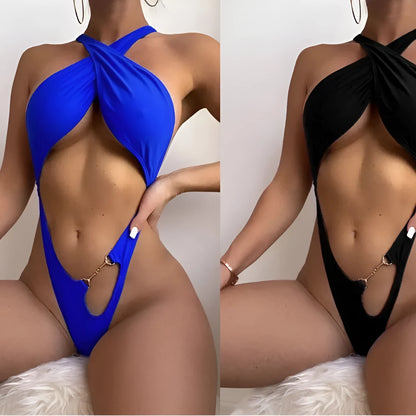 Women's solid blue one-piece swimsuit bikini on a mannequin