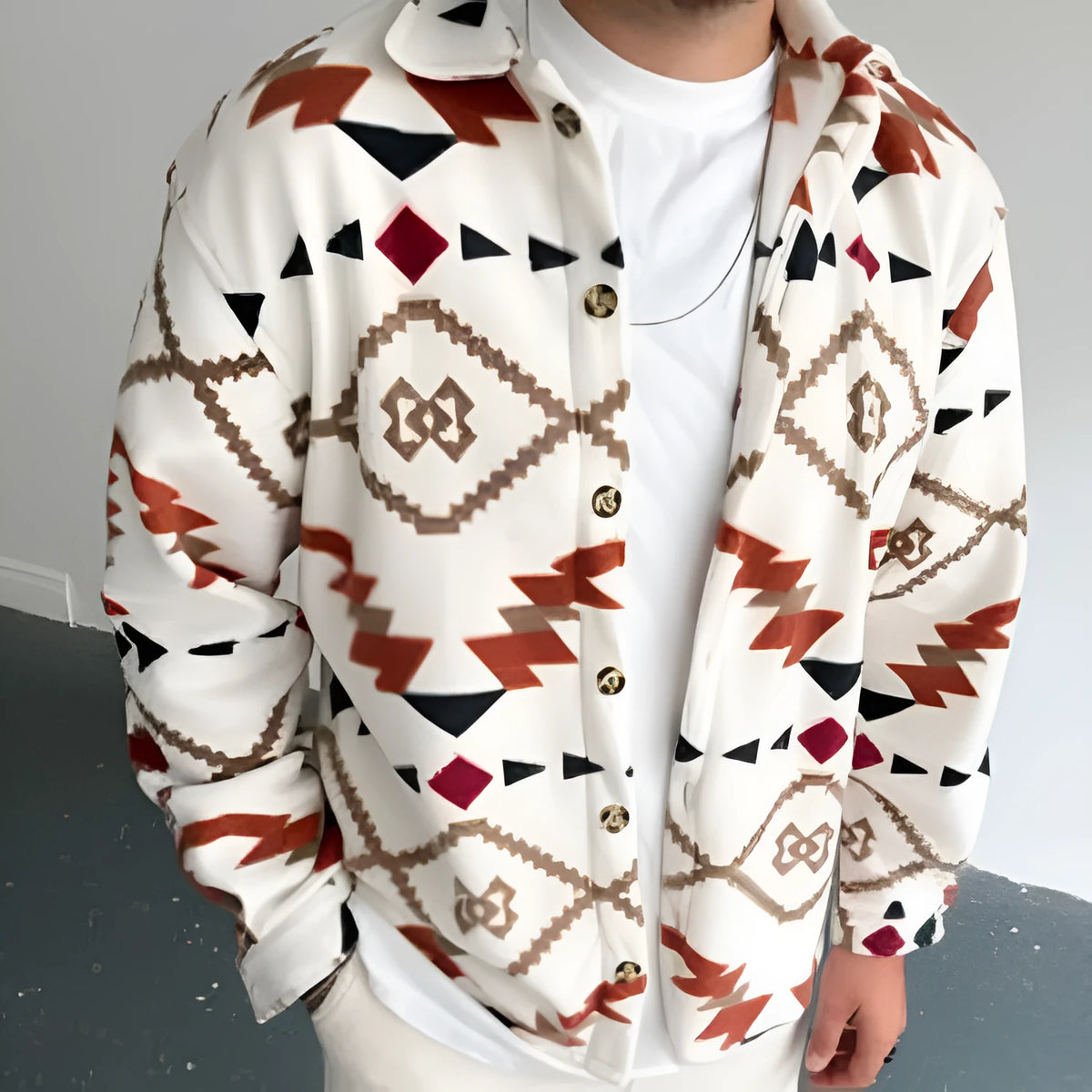 Men's white retro ethnic print cotton blend shirt jacket with brushed soft touch, lapel collar, and long sleeves.
