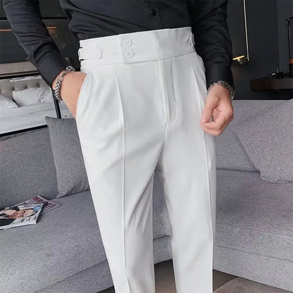 Retro high waist straight-leg casual trousers in a neutral colour, shown on a model.