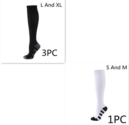Athletic compression socks with three-bar design in black, pink, and white