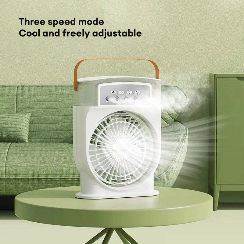 Portable USB-powered evaporative air cooler with 5 mist sprays, 7 color lights, and 600ML water tank