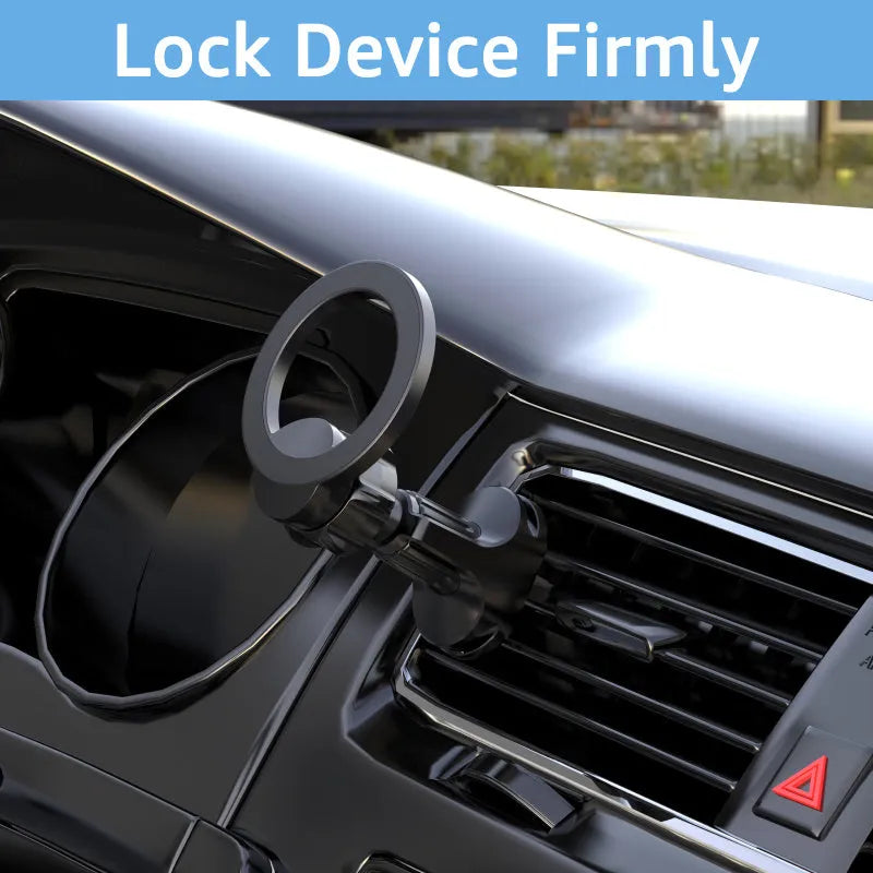 Black magnetic car phone holder clipped onto a car air vent, showing O-ring magnet and silicone grips.