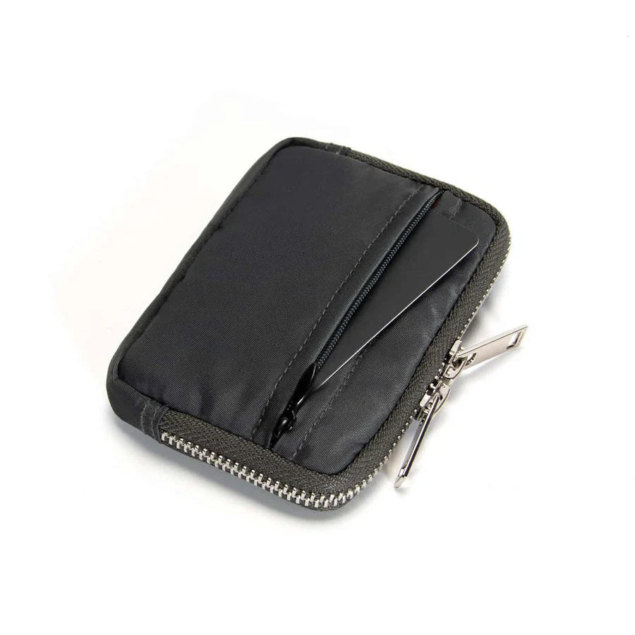 Handheld RFID Anti-Theft Wallet in black, dark gray, Army Green, and dark blue