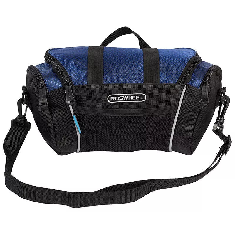 Mountain bike handlebar bag in navy blue and silver gray, durable canvas construction