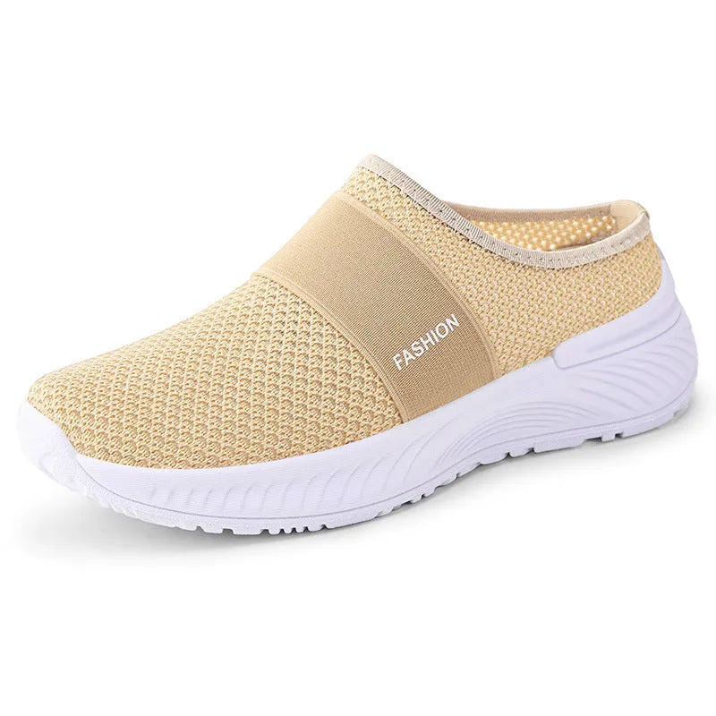 Women's breathable mesh casual shoes in beige, flat heel, round toe, PVC sole, sizes 36-43.