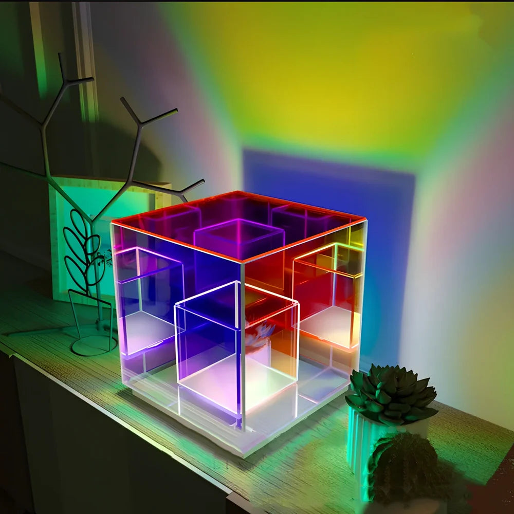 Acrylic cube LED table lamp with modern design and dimensions 24x22x22cm