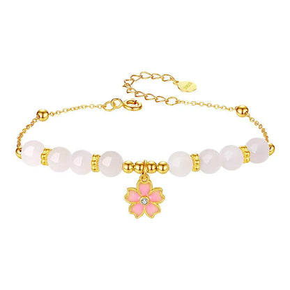 Pink silver bracelet with cherry blossom pendant and Hetian jade beads