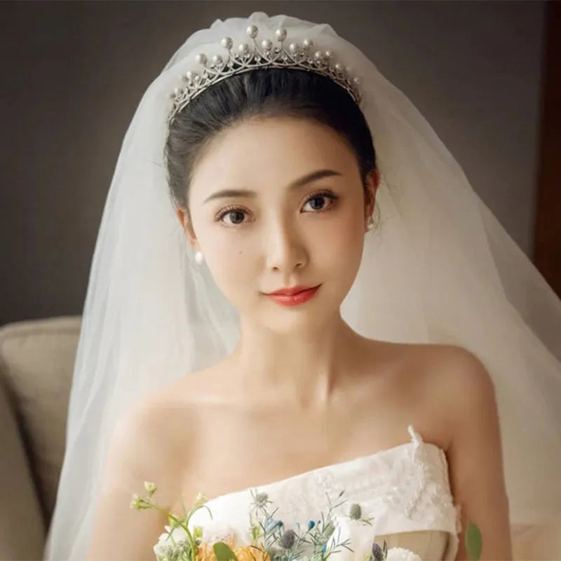 Silver pearl bridal tiara crown with white crystal, adult and children sizes, alloy electroplated