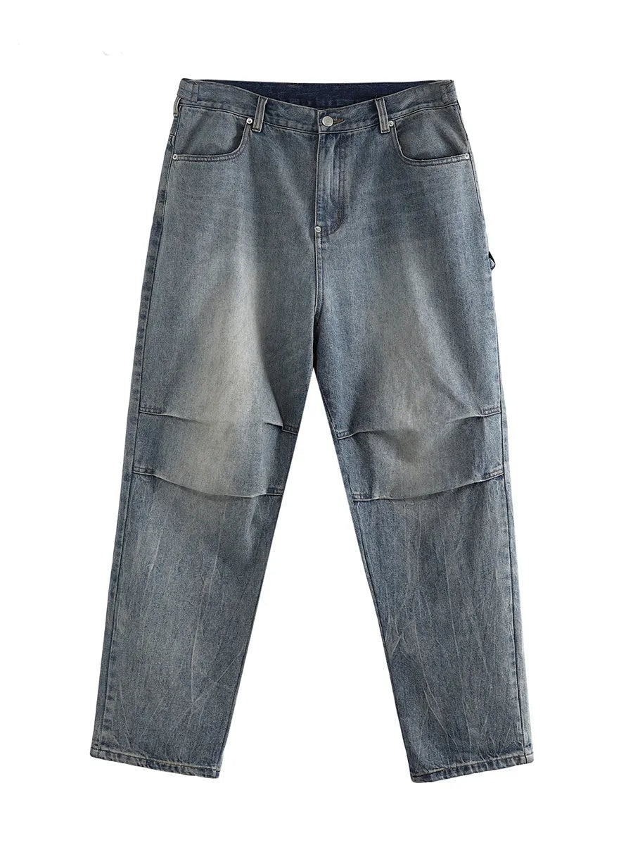 Light wash grey baggy oversized pleated denim jeans, 100% cotton, distressed washed blue, straight leg, sizes L M