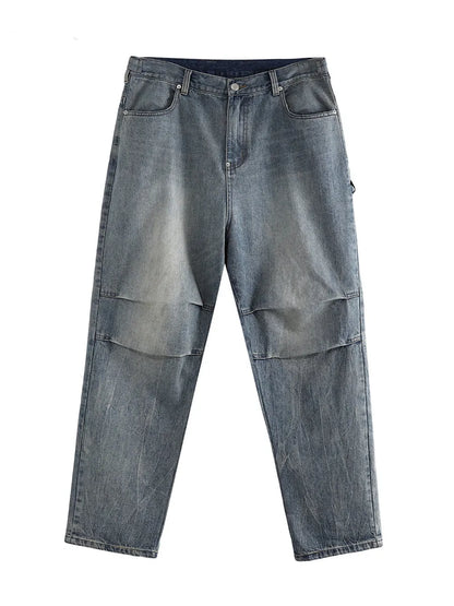 Light wash grey baggy oversized pleated denim jeans, 100% cotton, distressed washed blue, straight leg, sizes L M