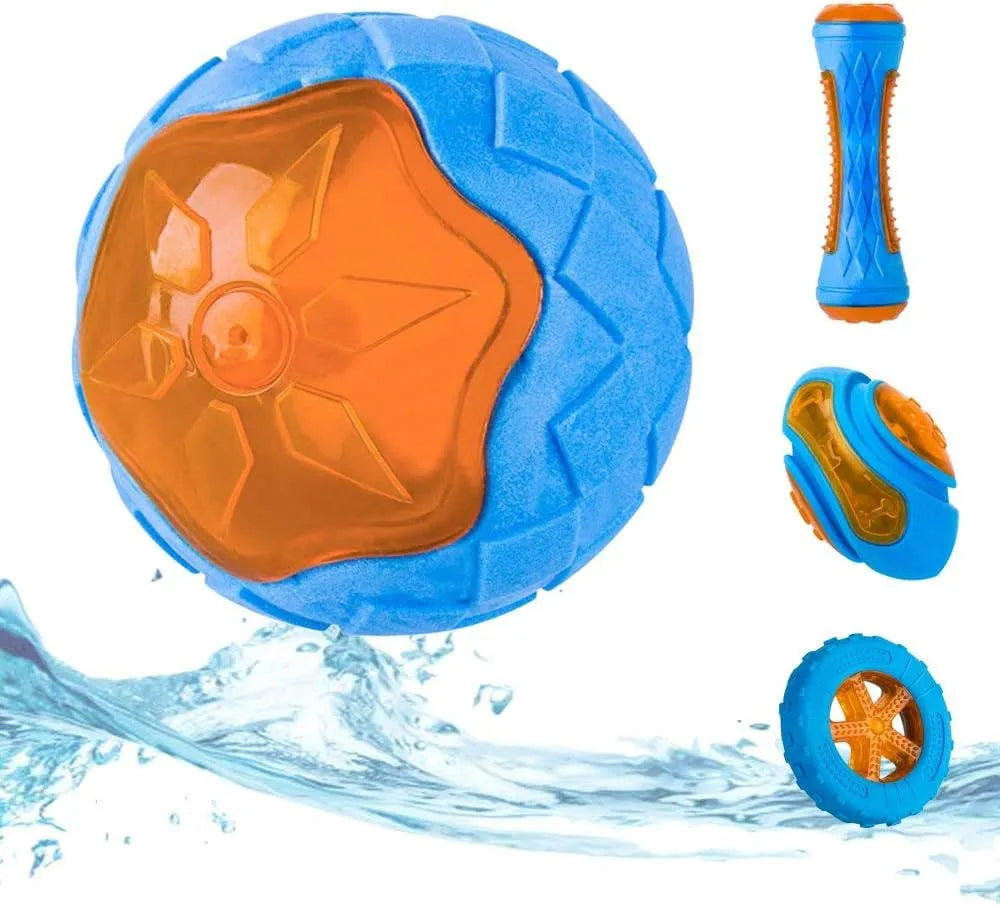 Three dog toys: blue ball, red barbell, and orange tire with bumpy textures for floating fetch games