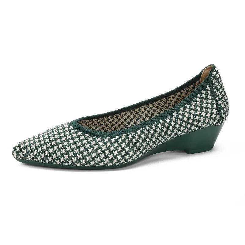 Women's leopard brown flyknit mesh pointed toe wedge pumps with a low rubber sole.