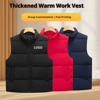 Men's soft shell down cotton work vest in black, red, or deep purple blue, sizes L to 5XL.