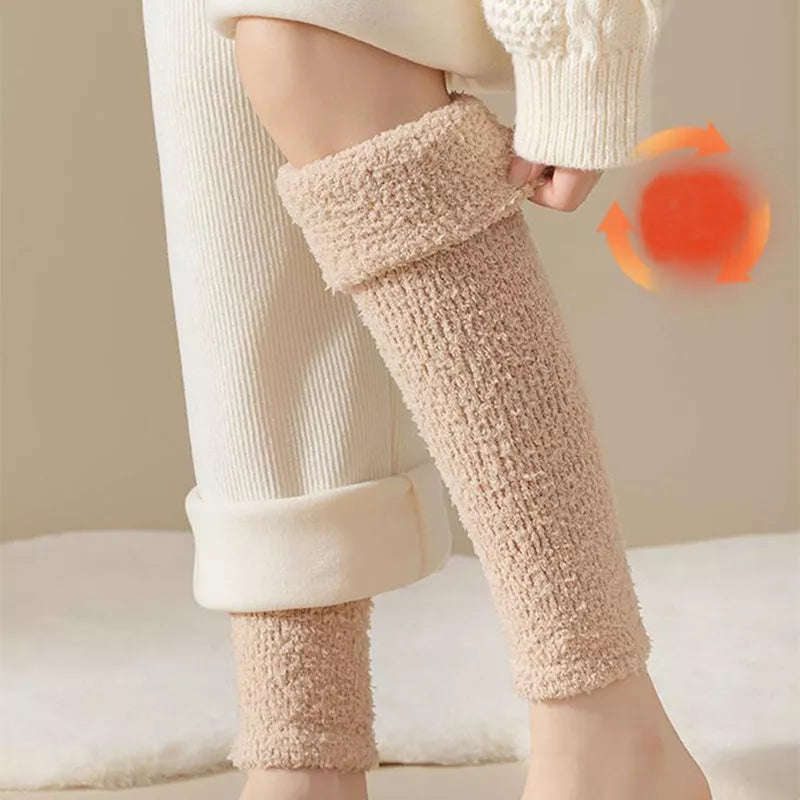 Winter warm plush socks for women with dual-purpose heel and knee protection