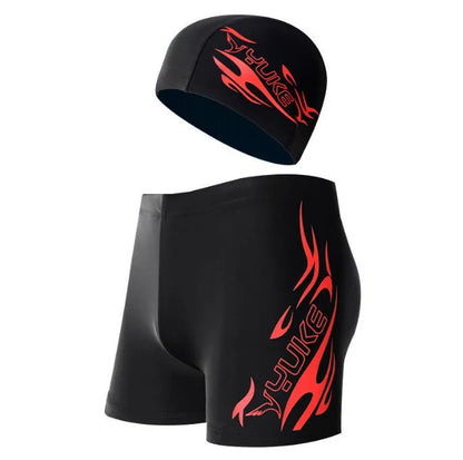 Men's plus-size swimming trunks with fire pattern design in boxer brief style for weights 45kg to 100kg
