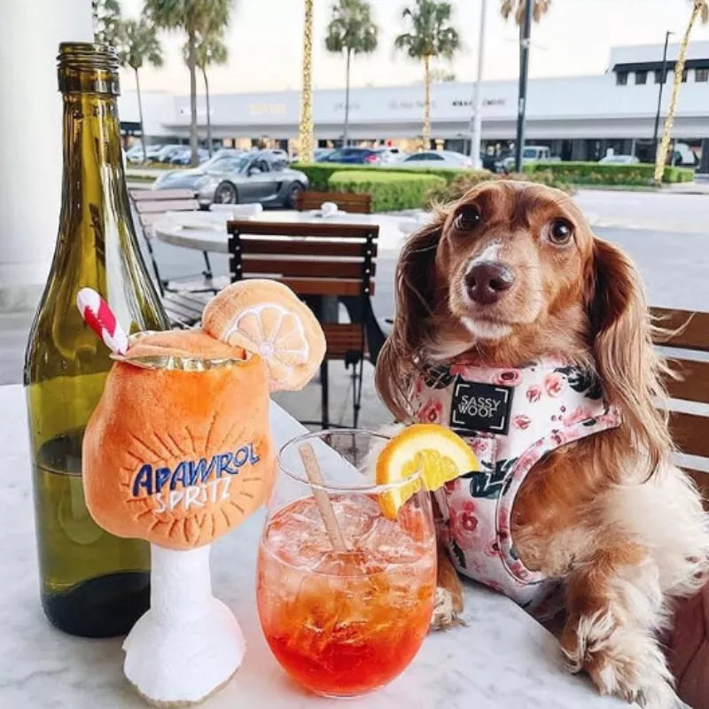 Yellow wine glass-shaped squeaky dog toy for oral health and play