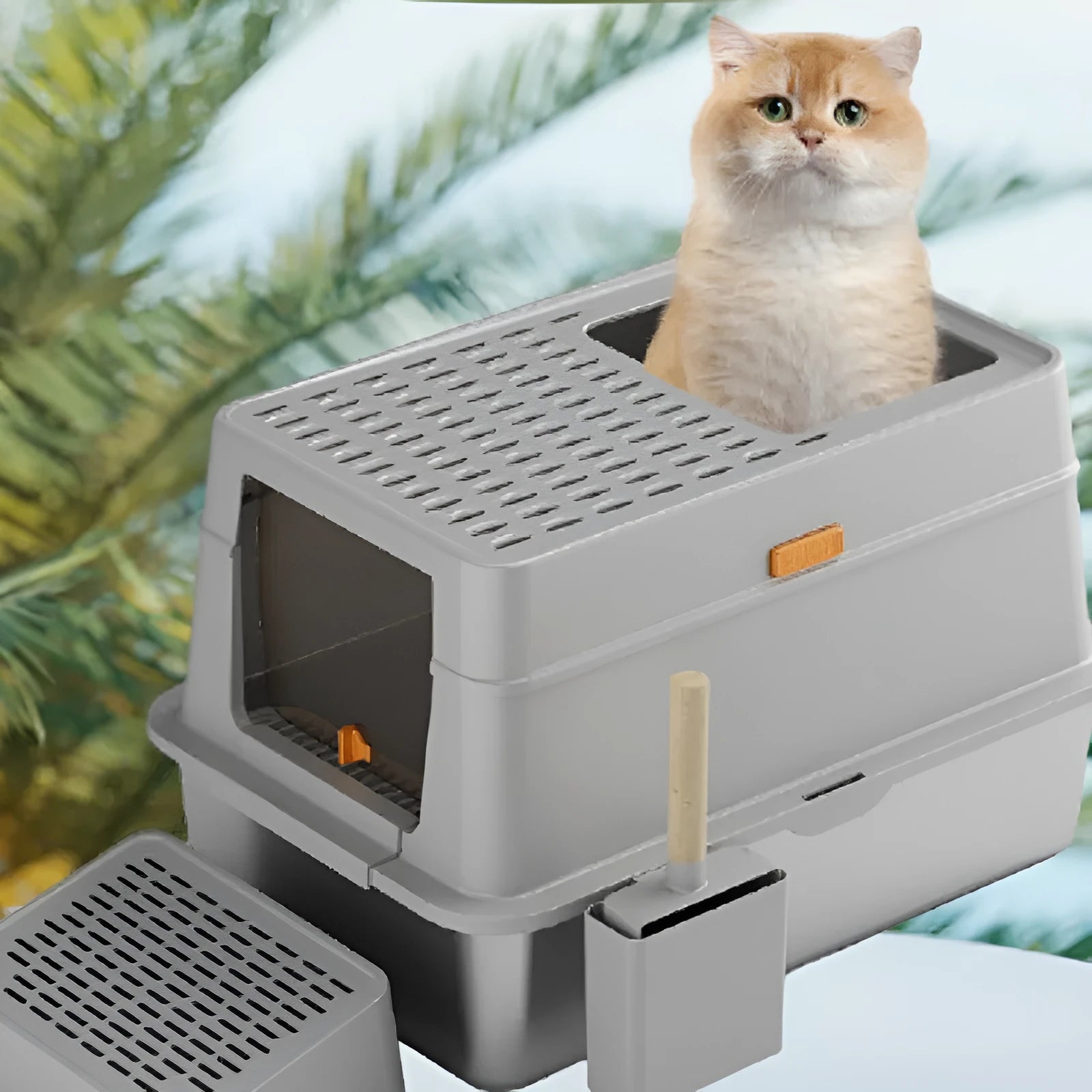 Grey ABS plastic enclosed cat litter box with a visible pedal entry flap.