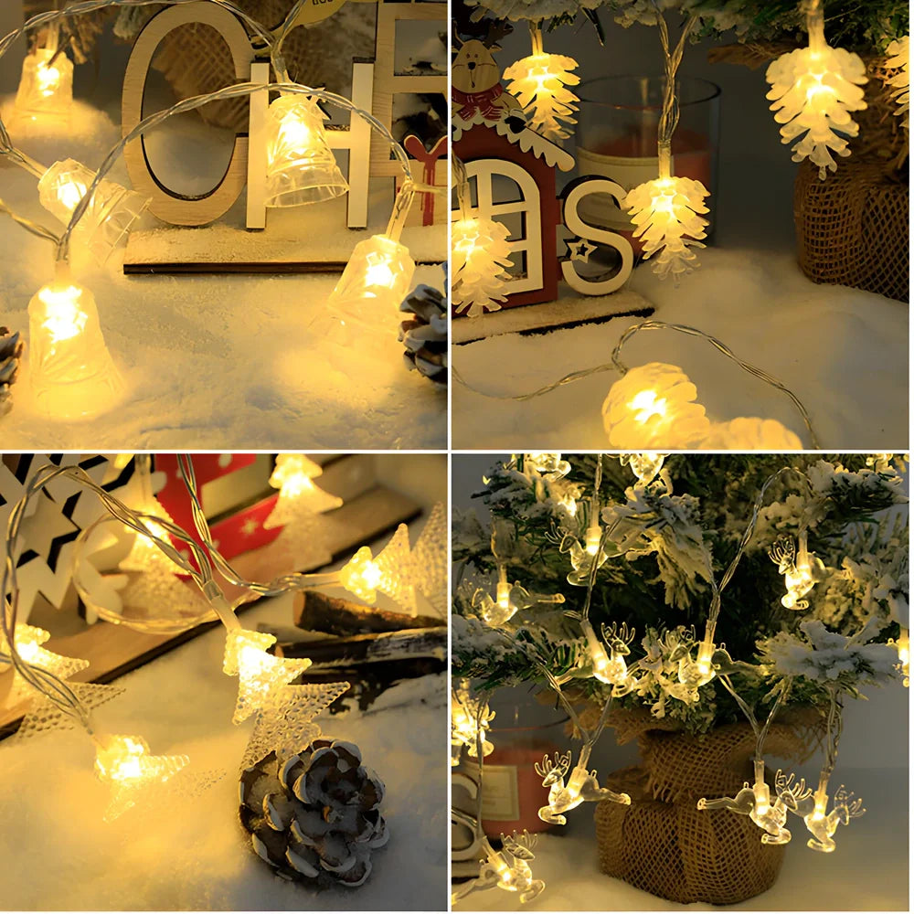 LED Christmas light string in deer shape, 1.5m length with 10 beads emitting 3000 lm, battery box and PVC construction for holiday decor