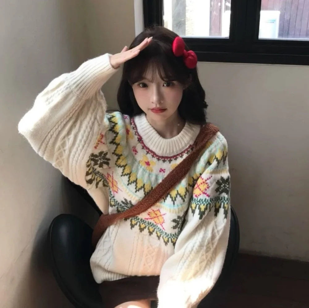 Women's milky white lantern sleeve pullover with 15cm extra sleeve volume and free size design