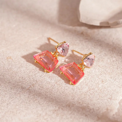 Geometric stud earrings for women in alloy with electroplated gold tone and steel needle, shown in four colour options.