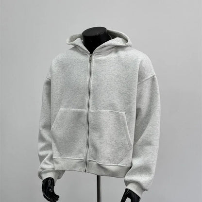 Light grey men's backpack design hooded coat jacket on a hanger.