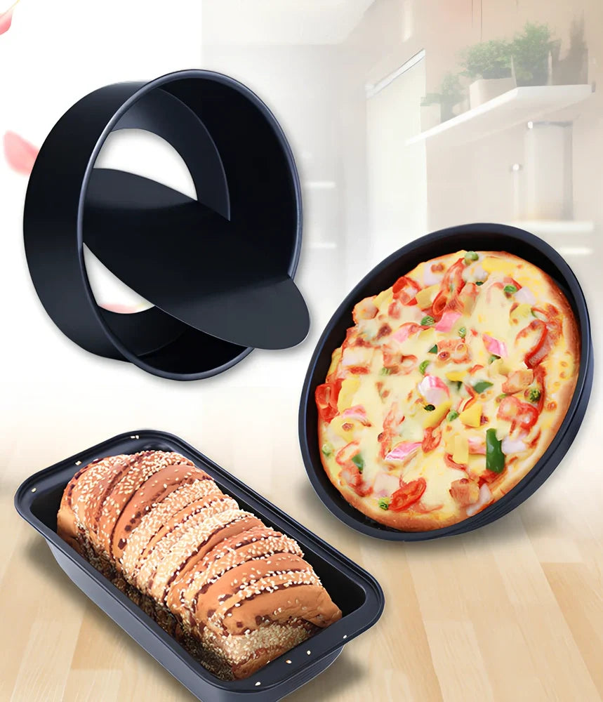 Baking tool set with 5 golden abrasive tools, cake tin, pizza tray, silicone brush and demoulding knife