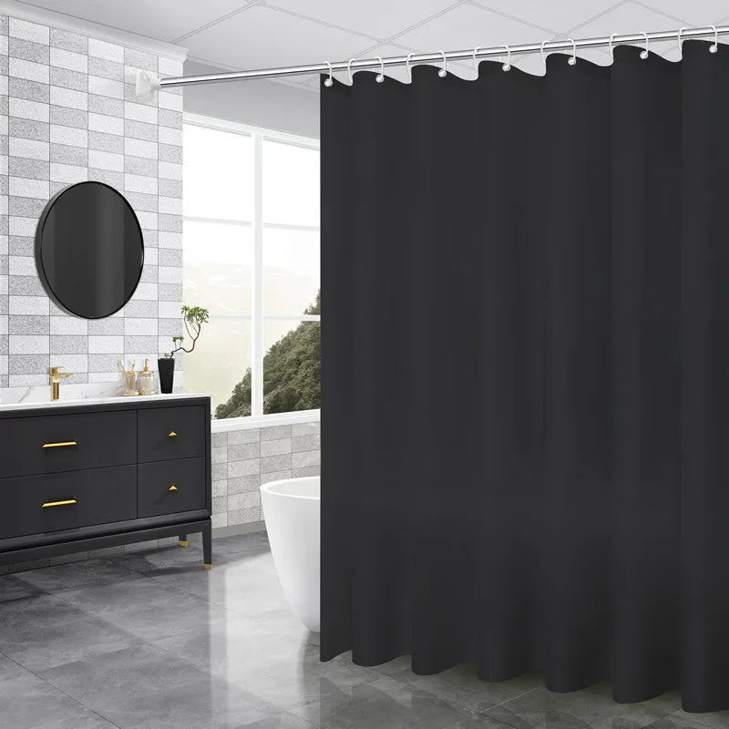 PEVA shower curtain with geometric abstract pattern and stainless steel buttonholes, available in multiple sizes and colours