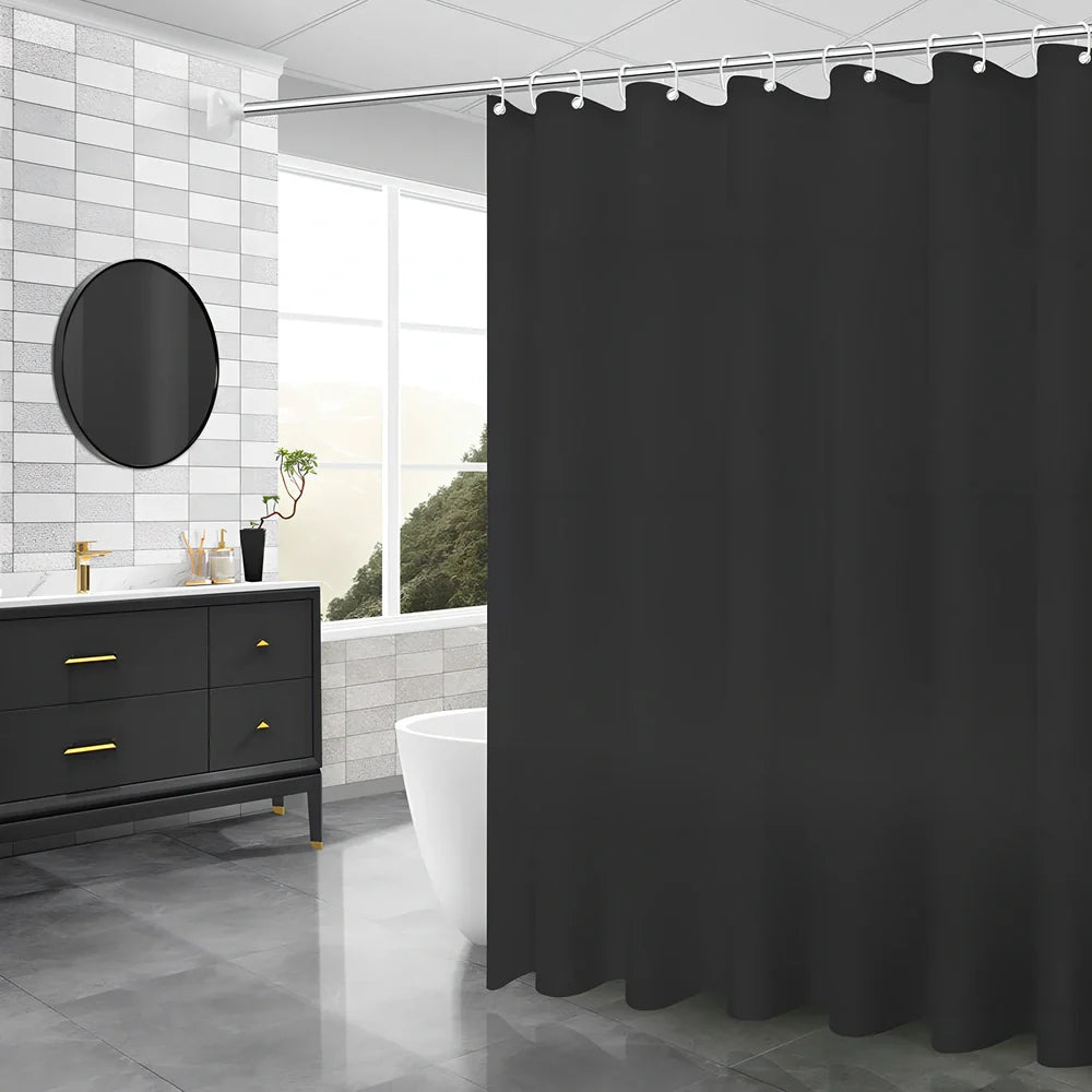 PEVA shower curtain with geometric pattern and stainless steel buttonholes in bathroom setting