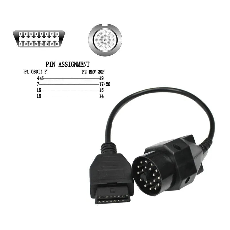 OBD2 BMW 20-pin to 16-pin diagnostic connector cable with corrosion-resistant connectors