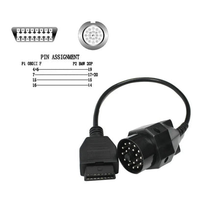 OBD2 BMW 20-pin to 16-pin diagnostic connector cable with corrosion-resistant connectors