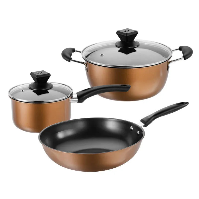 Cast iron three-piece cookware set showing a soup pot, milk pot, and wok with non-stick coating.