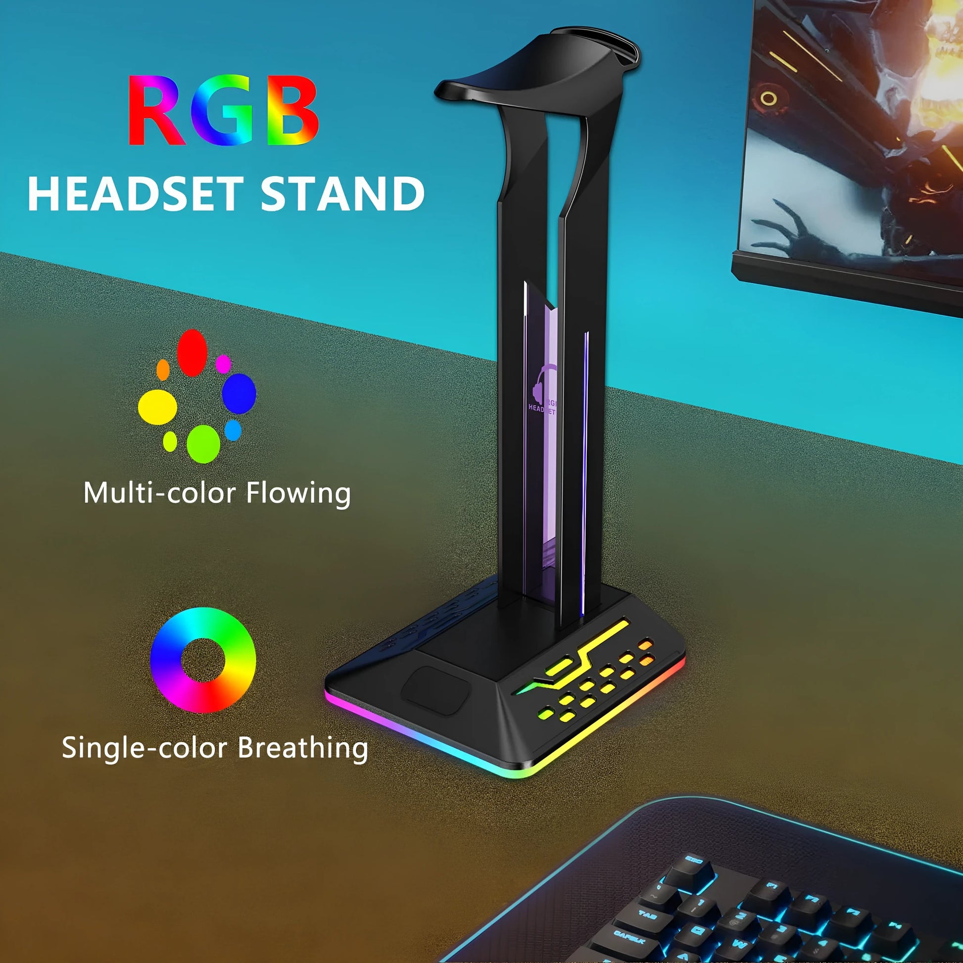 RGB headphone bracket with dual USB ports and colour changing LED lighting on acrylic stand