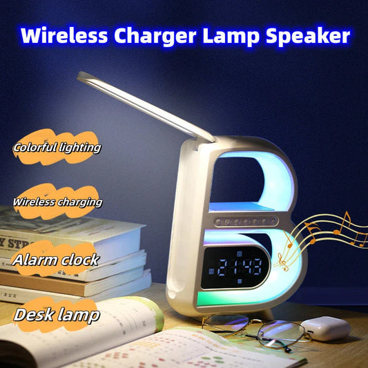 B-shaped Bluetooth speaker with wireless charging, adjustable lighting, and alarm clock functionality
