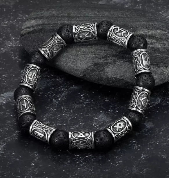 Asgard Crafted Silver Rune and Black Lava Stone Bracelet featuring ancient symbols