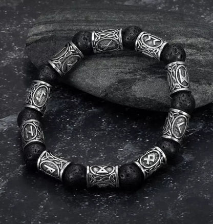 Asgard Crafted Silver Rune and Black Lava Stone Bracelet featuring ancient symbols