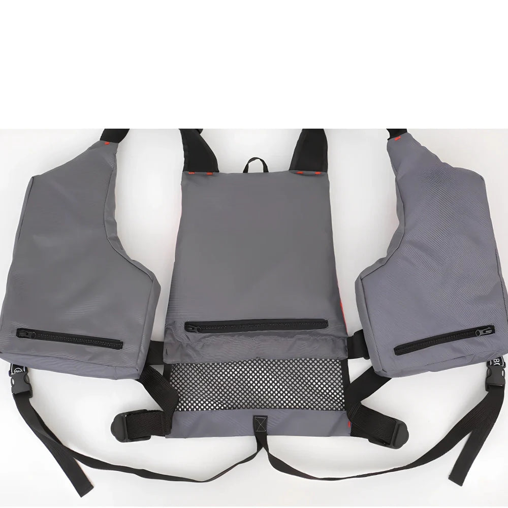 Gray-red Oxford cloth fishing swim vest with slim 0-type design and one-size universal fit