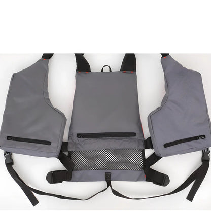 Gray-red Oxford cloth fishing swim vest with slim 0-type design and one-size universal fit