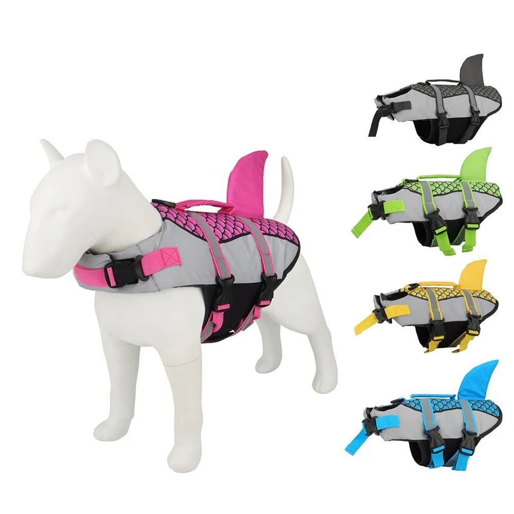 High buoyancy dog swim vest with emergency handle and leash attachment in multiple colors