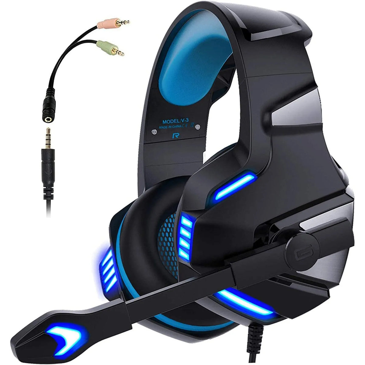 Inzhuo V3 wired over-ear gaming headset with 50mm speakers, 3.5mm plug, braided cable, black blue and black red colours