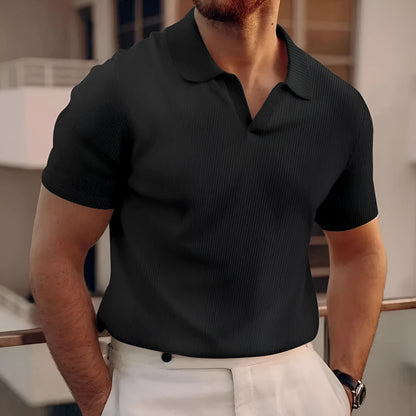 Men's lapel collar waffle knit T-shirt in slim fit, shown in a solid colour.